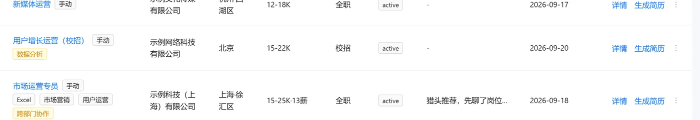 岗位表格一行：技能标签、状态与收进更多操作菜单的行内按钮